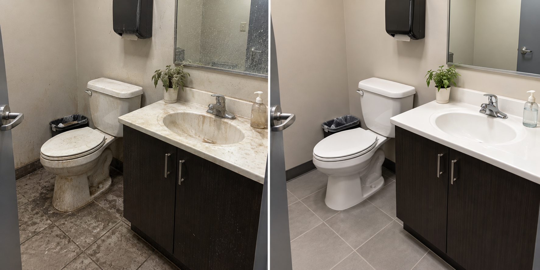 Before and after commercial restroom sink and toilet detailing